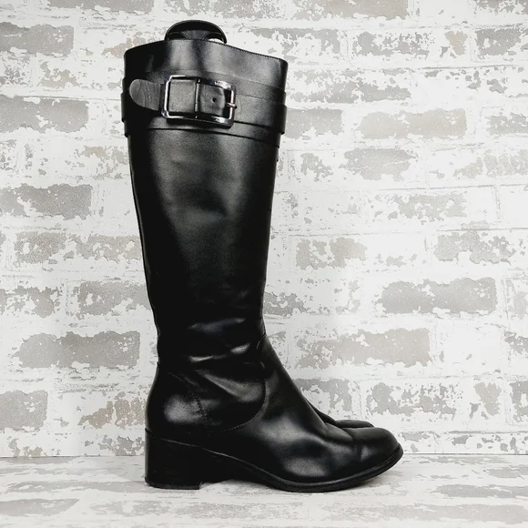 Tahari Kaley Black Leather Knee High Buckle Ridding Boots A920 - Picture 4 of 13